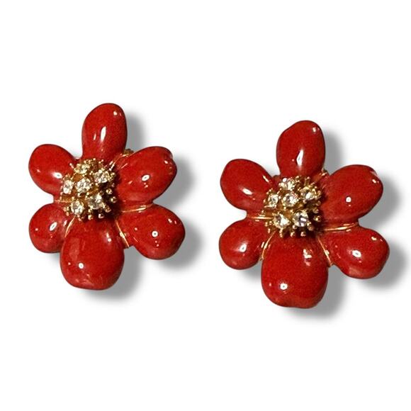 Joan Rivers Jewelry - Vintage Joan Rivers Flower Earrings Womens Red Enamel & Rhinestone Clip On